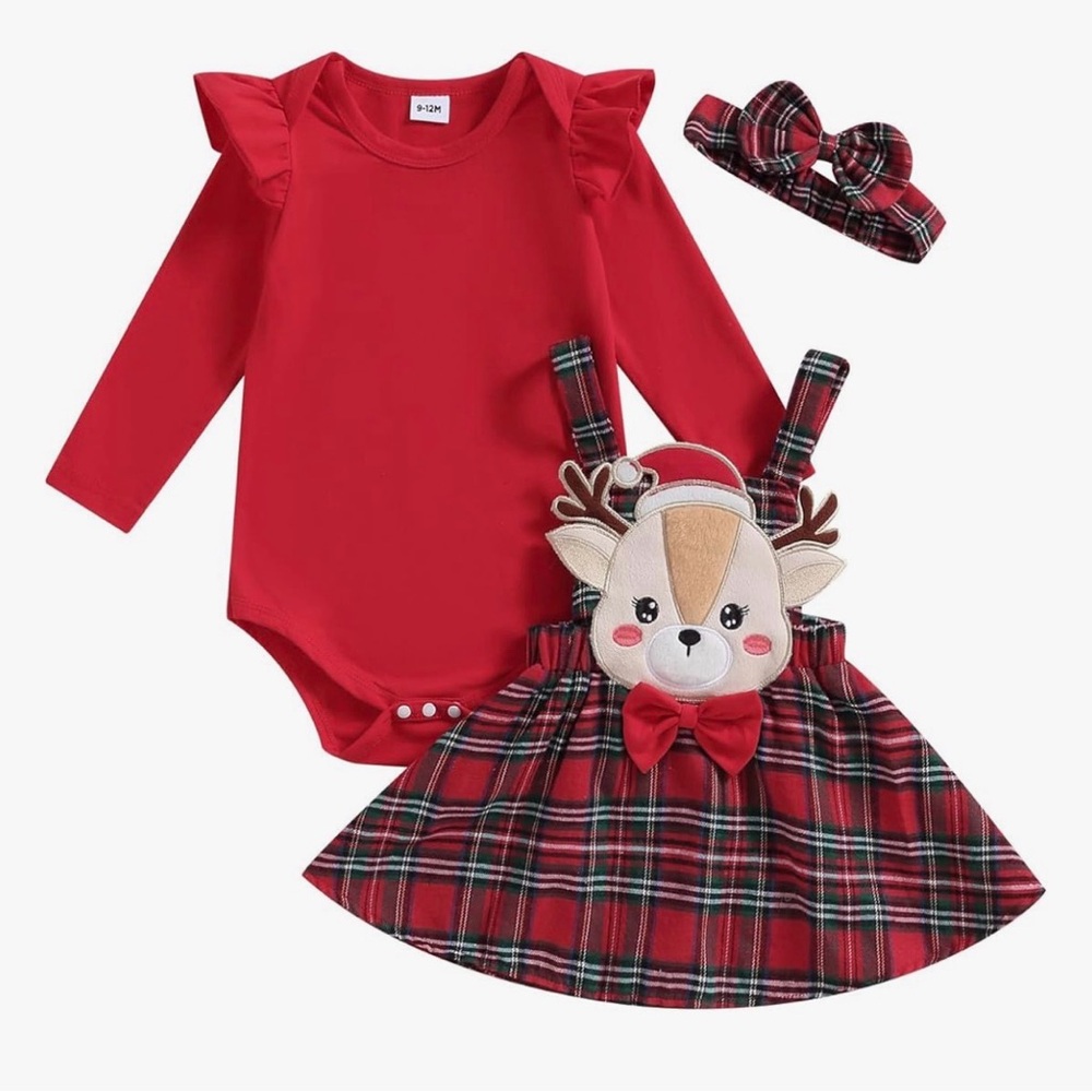 Frietlebird Christmas Outfit Long Sleeve Romper Suspender Skirt Set 3Pcs